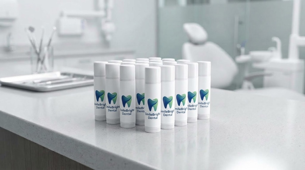 An image of custom dental lip balm tubes on a desk in a dental office